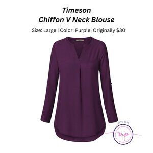Timeson Casual Chiffon V Neck Blouse | Elegant 3/4 Sleeve | Size Large